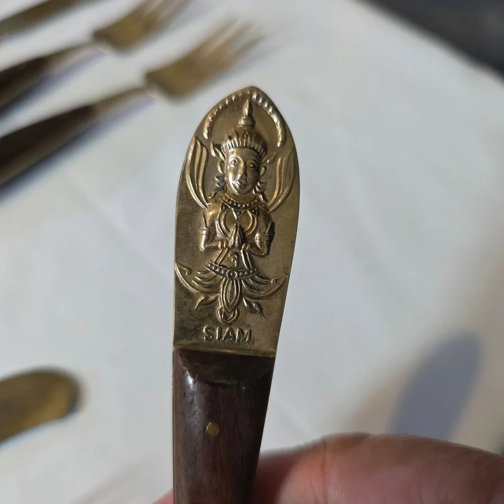 Vintage Siam Bronze Wood Flatware Set 28pc Thai Deity Brass Mid Century Modern‎